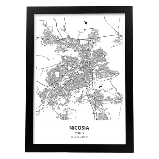 Poster con mapa de Nicosia - Chipre. Láminas de ciudades de Europa con mares y ríos en color negro.-Artwork-Nacnic-A4-Marco Negro-Nacnic Estudio SL