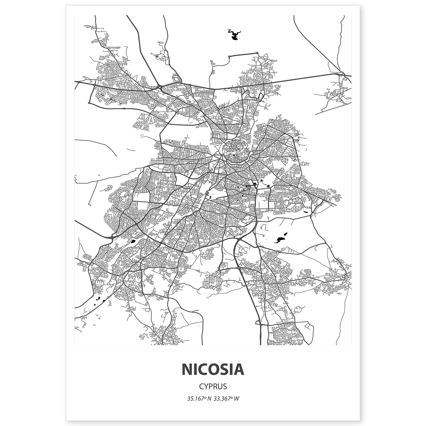 Poster con mapa de Nicosia - Chipre. Láminas de ciudades de Europa con mares y ríos en color negro.-Artwork-Nacnic-A4-Sin marco-Nacnic Estudio SL