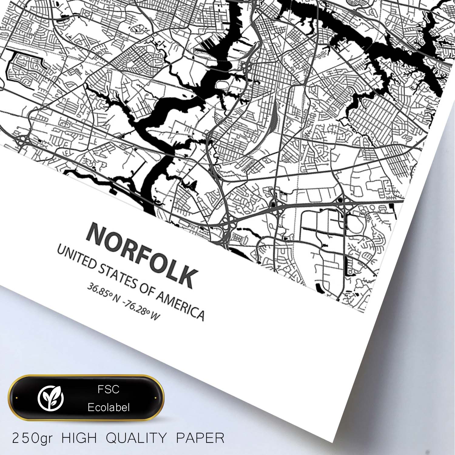 Poster con mapa de Norfolk - USA. Láminas de ciudades de Estados Unidos con mares y ríos en color negro.-Artwork-Nacnic-Nacnic Estudio SL