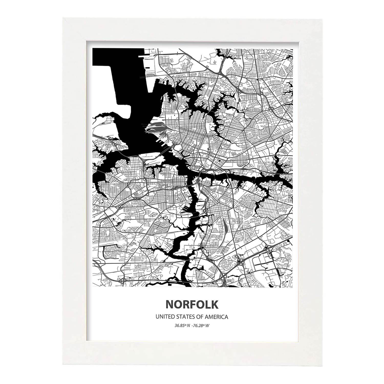 Poster con mapa de Norfolk - USA. Láminas de ciudades de Estados Unidos con mares y ríos en color negro.-Artwork-Nacnic-A3-Marco Blanco-Nacnic Estudio SL