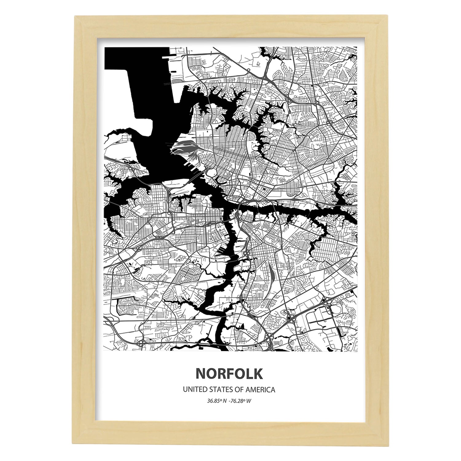 Poster con mapa de Norfolk - USA. Láminas de ciudades de Estados Unidos con mares y ríos en color negro.-Artwork-Nacnic-A3-Marco Madera clara-Nacnic Estudio SL