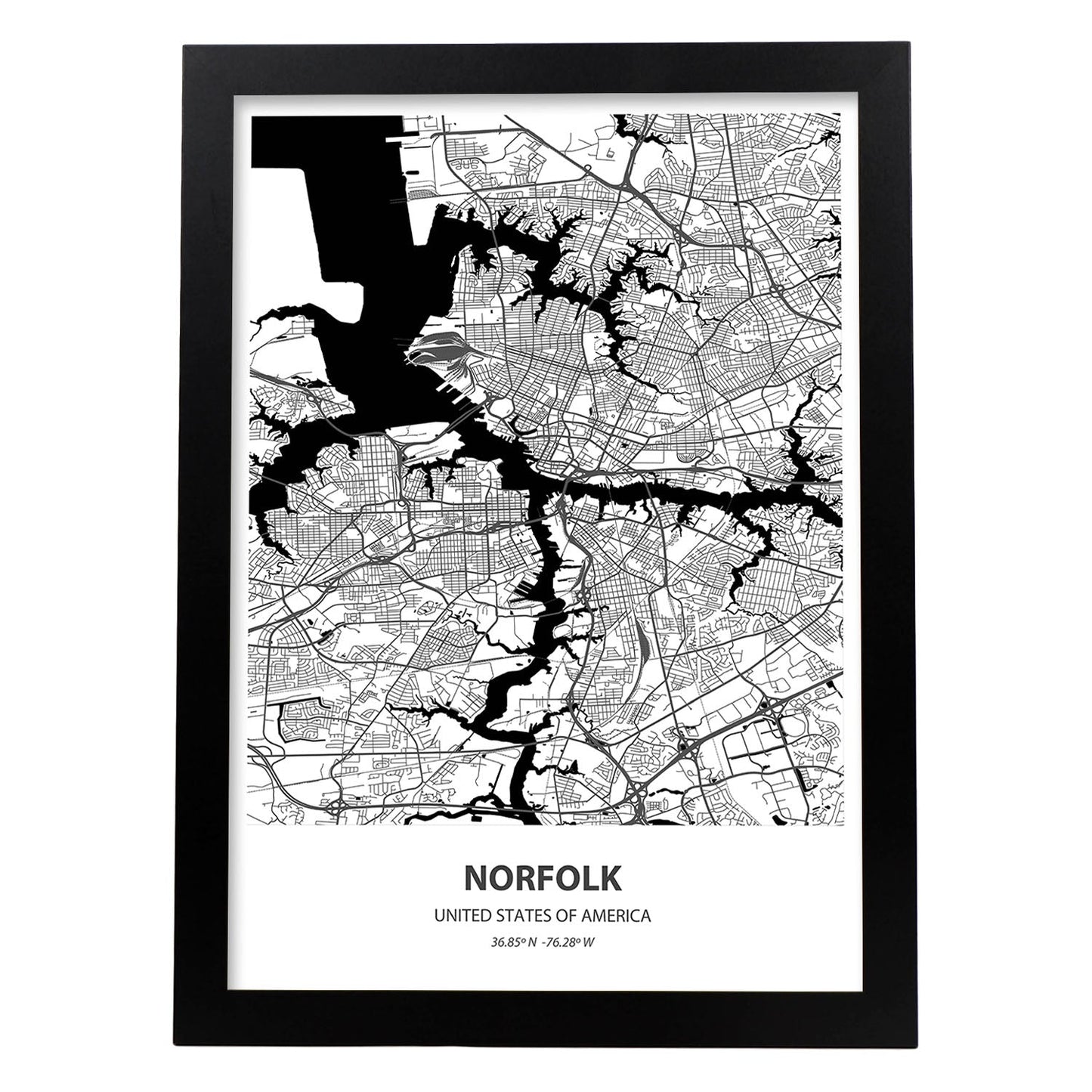 Poster con mapa de Norfolk - USA. Láminas de ciudades de Estados Unidos con mares y ríos en color negro.-Artwork-Nacnic-A3-Marco Negro-Nacnic Estudio SL