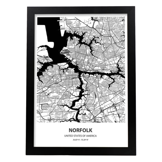 Poster con mapa de Norfolk - USA. Láminas de ciudades de Estados Unidos con mares y ríos en color negro.-Artwork-Nacnic-A4-Marco Negro-Nacnic Estudio SL