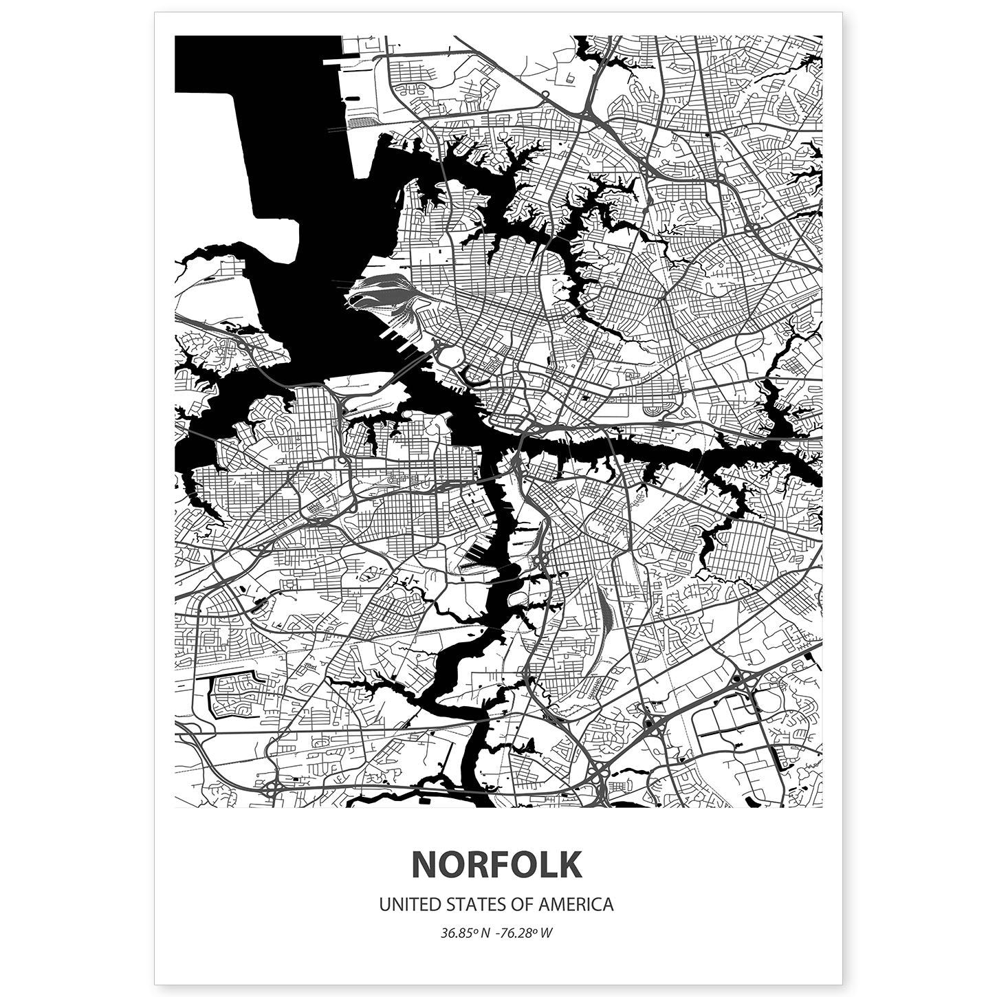 Poster con mapa de Norfolk - USA. Láminas de ciudades de Estados Unidos con mares y ríos en color negro.-Artwork-Nacnic-A4-Sin marco-Nacnic Estudio SL