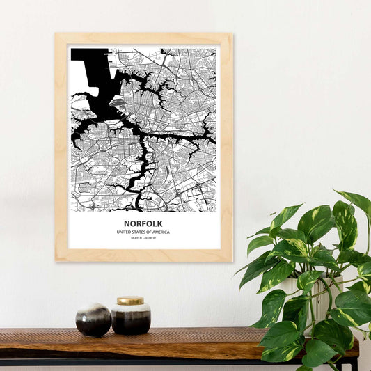 Poster con mapa de Norfolk - USA. Láminas de ciudades de Estados Unidos con mares y ríos en color negro.-Artwork-Nacnic-Nacnic Estudio SL