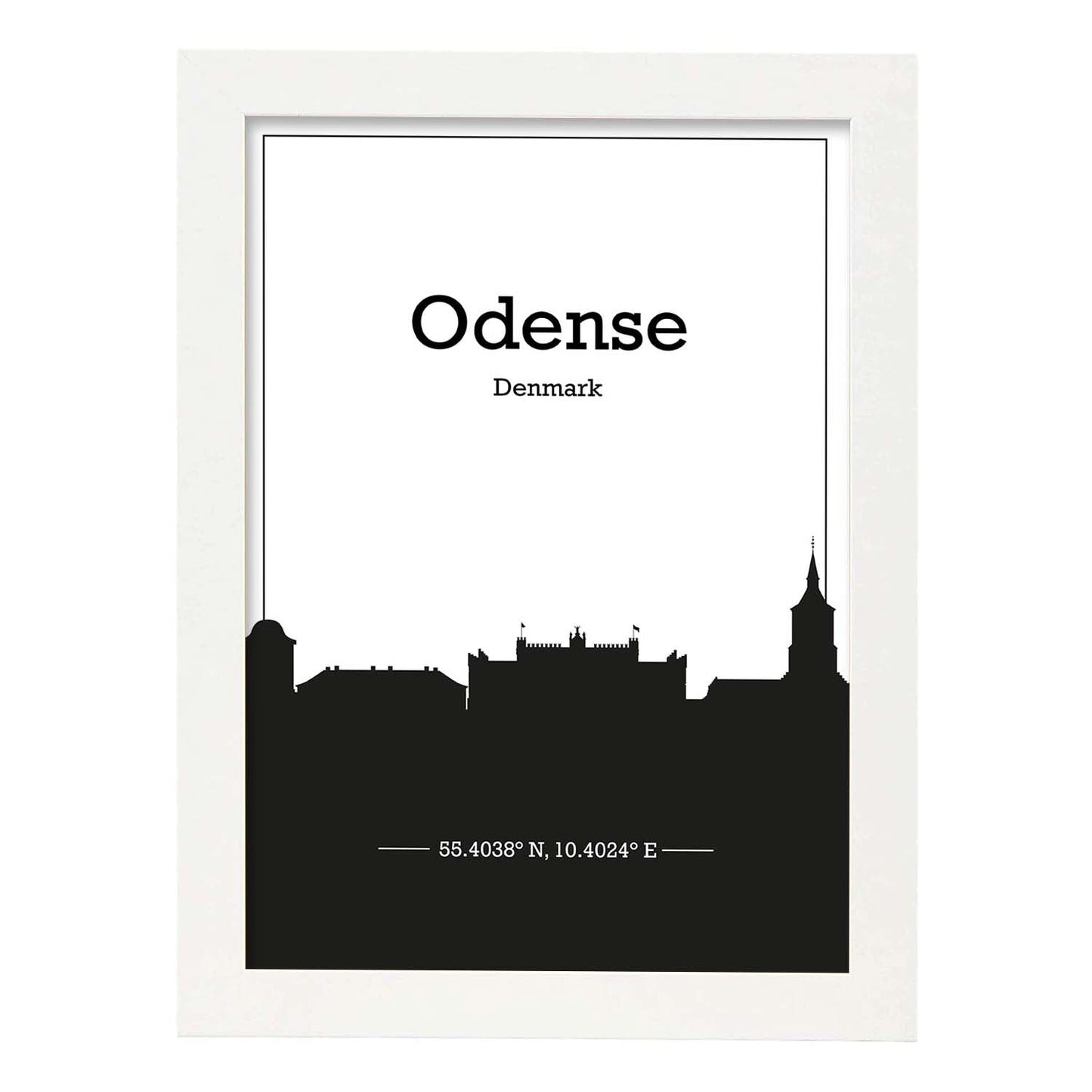 Poster con mapa de Odense - Dinamarca. Láminas con Skyline de ciudades del norte de Europa con sombra negra.-Artwork-Nacnic-A3-Marco Blanco-Nacnic Estudio SL