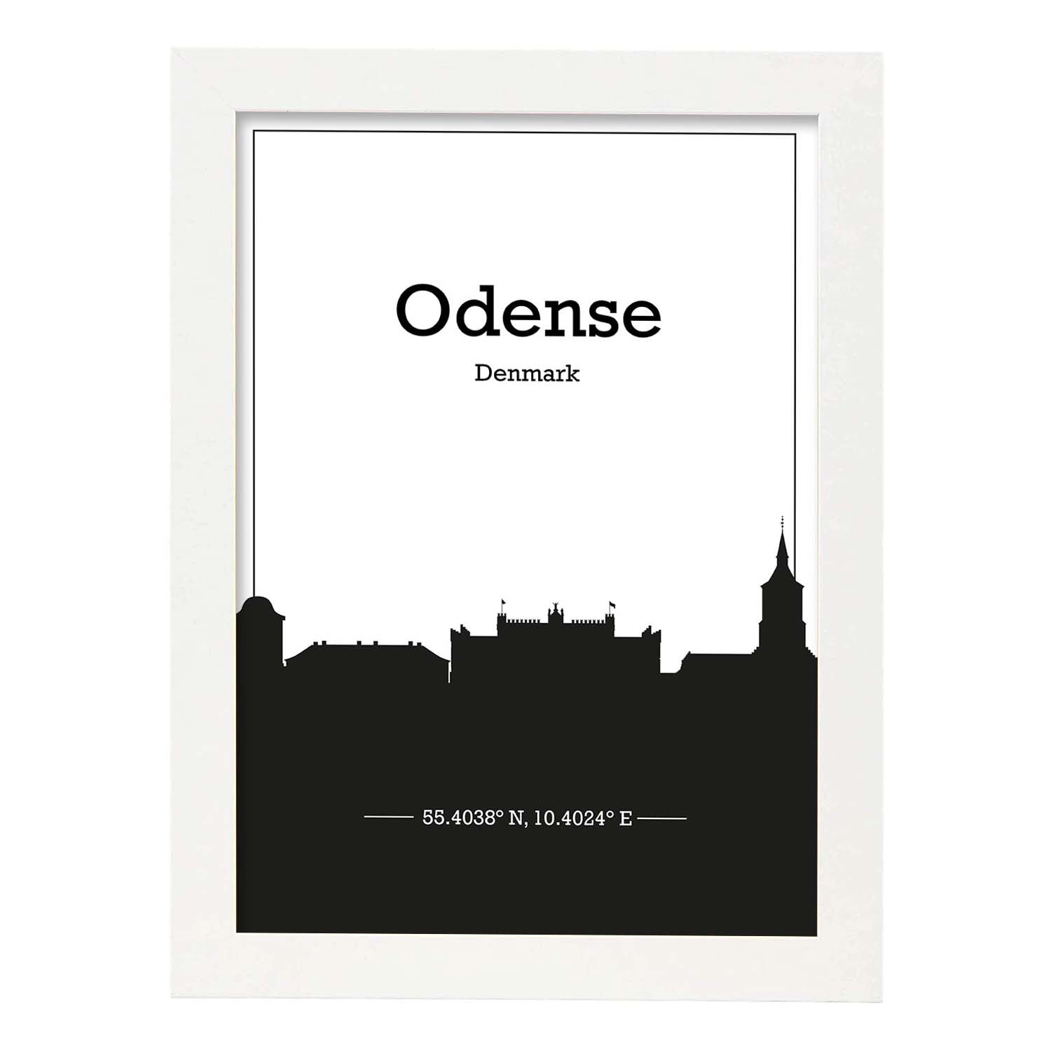 Poster con mapa de Odense - Dinamarca. Láminas con Skyline de ciudades del norte de Europa con sombra negra.-Artwork-Nacnic-A3-Marco Blanco-Nacnic Estudio SL
