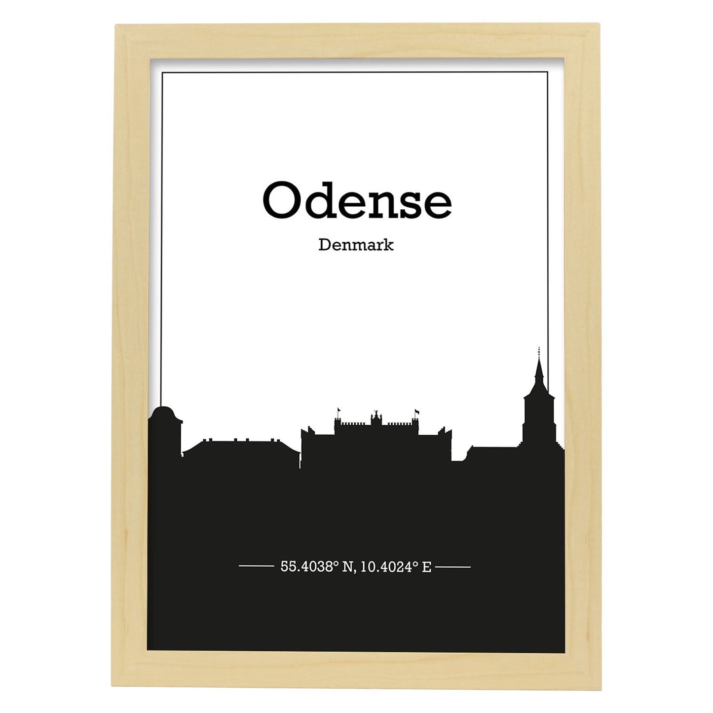 Poster con mapa de Odense - Dinamarca. Láminas con Skyline de ciudades del norte de Europa con sombra negra.-Artwork-Nacnic-A3-Marco Madera clara-Nacnic Estudio SL