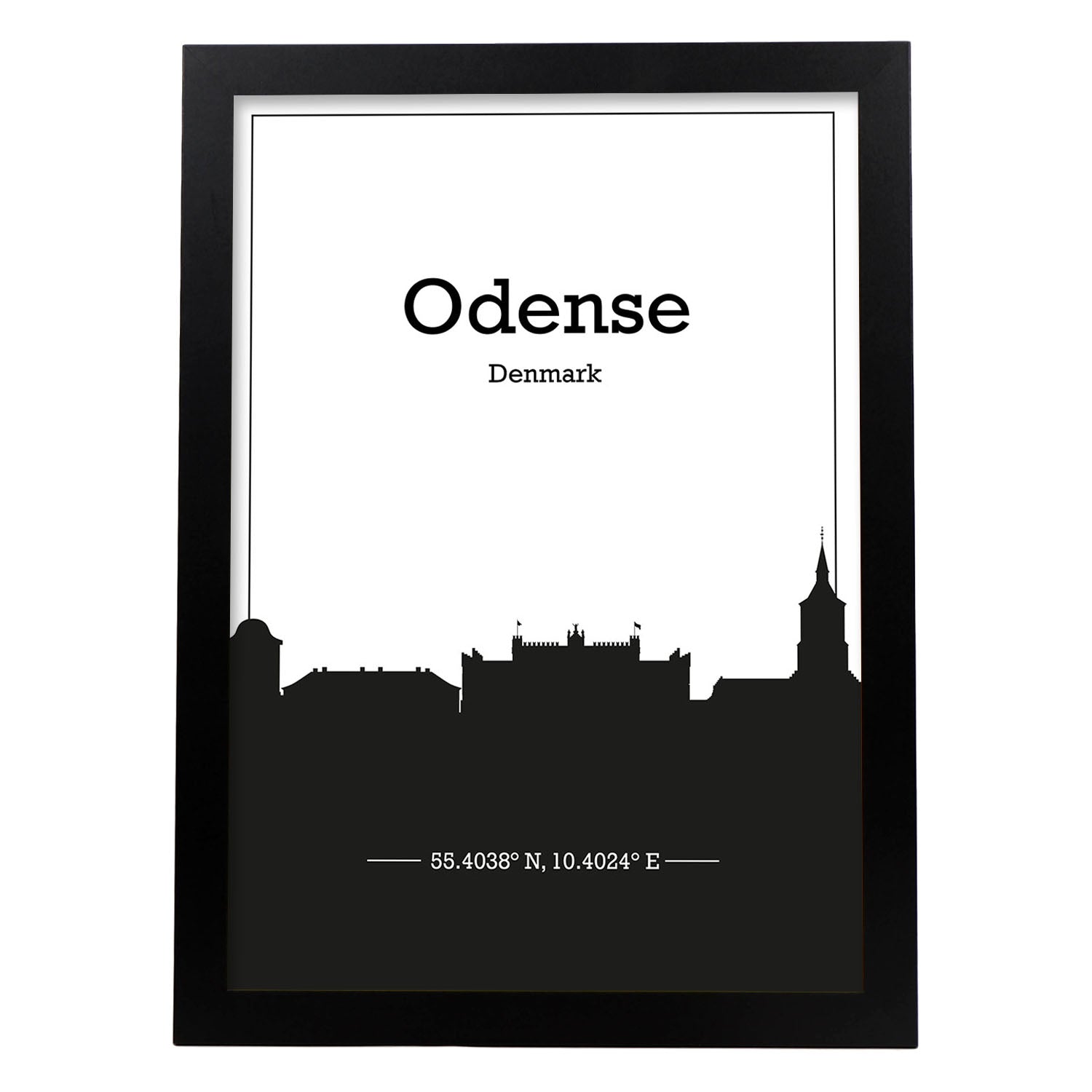 Poster con mapa de Odense - Dinamarca. Láminas con Skyline de ciudades del norte de Europa con sombra negra.-Artwork-Nacnic-A3-Marco Negro-Nacnic Estudio SL