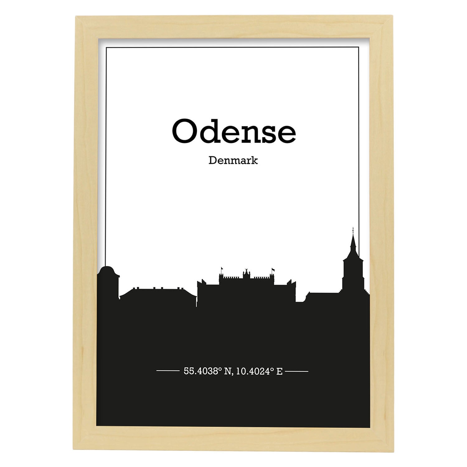 Poster con mapa de Odense - Dinamarca. Láminas con Skyline de ciudades del norte de Europa con sombra negra.-Artwork-Nacnic-A4-Marco Madera clara-Nacnic Estudio SL