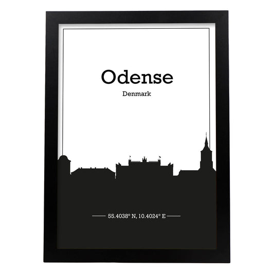 Poster con mapa de Odense - Dinamarca. Láminas con Skyline de ciudades del norte de Europa con sombra negra.-Artwork-Nacnic-A4-Marco Negro-Nacnic Estudio SL