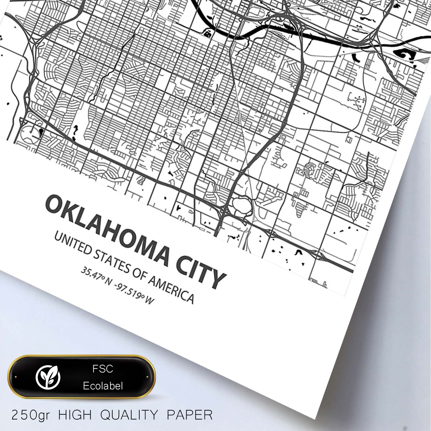 Poster con mapa de Oklahoma City - USA. Láminas de ciudades de Estados Unidos con mares y ríos en color negro.-Artwork-Nacnic-Nacnic Estudio SL