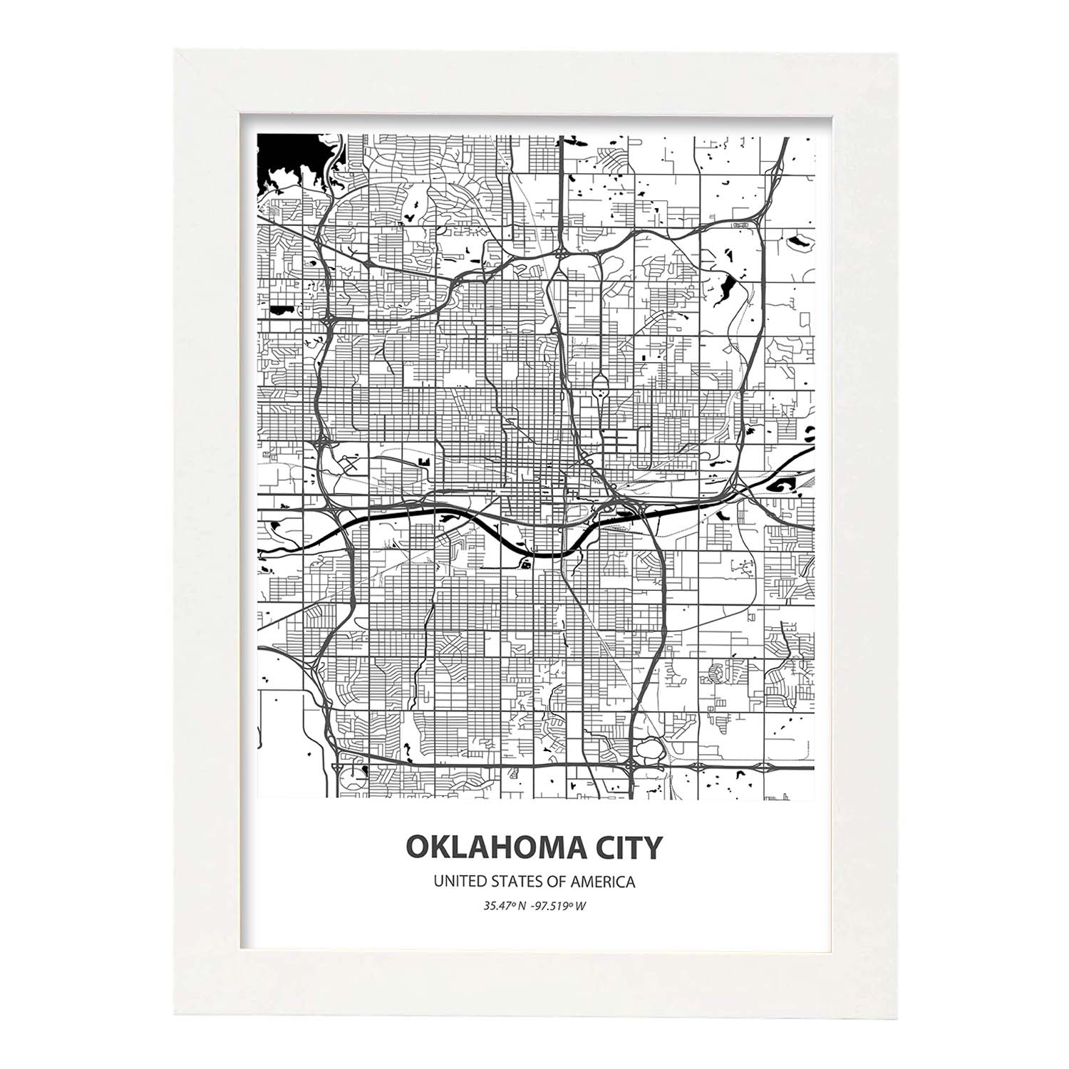 Poster con mapa de Oklahoma City - USA. Láminas de ciudades de Estados Unidos con mares y ríos en color negro.-Artwork-Nacnic-A3-Marco Blanco-Nacnic Estudio SL