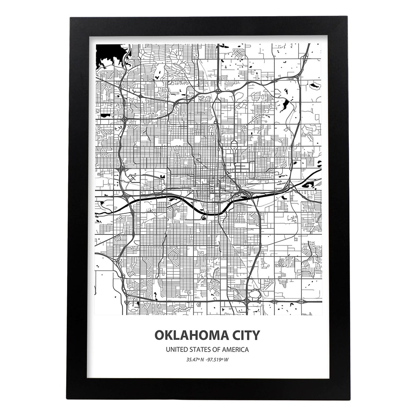 Poster con mapa de Oklahoma City - USA. Láminas de ciudades de Estados Unidos con mares y ríos en color negro.-Artwork-Nacnic-A3-Marco Negro-Nacnic Estudio SL