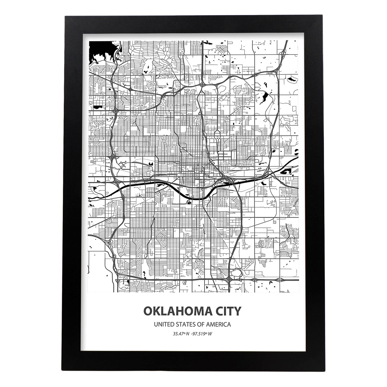 Poster con mapa de Oklahoma City - USA. Láminas de ciudades de Estados Unidos con mares y ríos en color negro.-Artwork-Nacnic-A4-Marco Negro-Nacnic Estudio SL