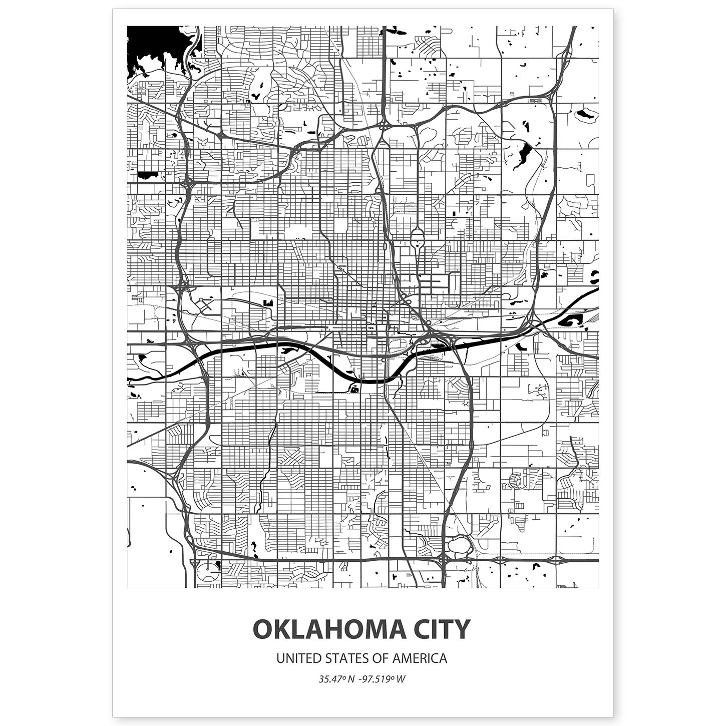 Poster con mapa de Oklahoma City - USA. Láminas de ciudades de Estados Unidos con mares y ríos en color negro.-Artwork-Nacnic-A4-Sin marco-Nacnic Estudio SL