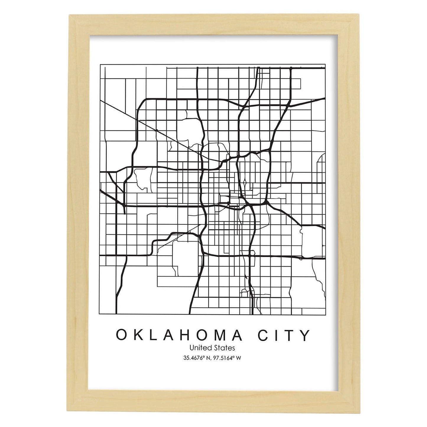 Poster con mapa de Oklahoma. Lámina de Estados Unidos, con imágenes de mapas y carreteras-Artwork-Nacnic-A3-Marco Madera clara-Nacnic Estudio SL