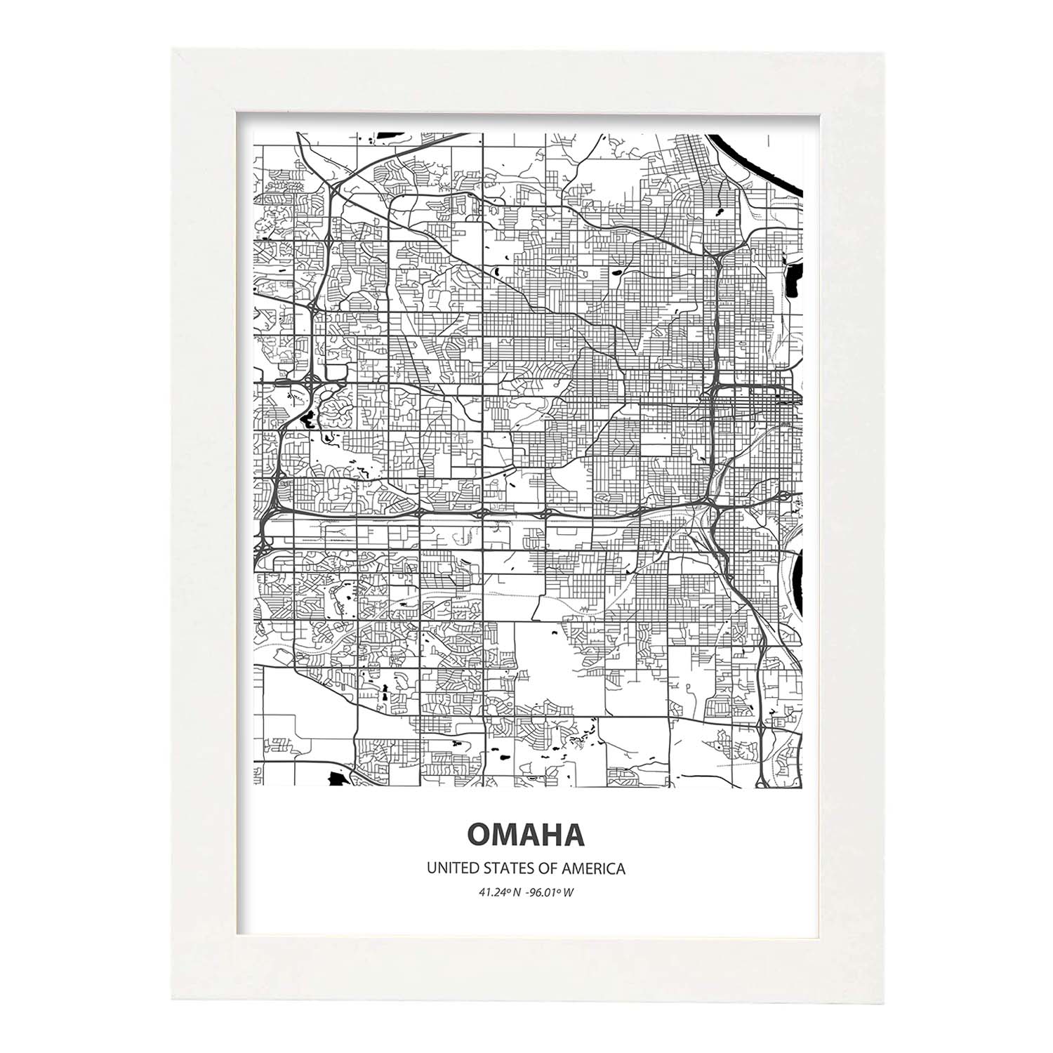 Poster con mapa de Omaha - USA. Láminas de ciudades de Estados Unidos con mares y ríos en color negro.-Artwork-Nacnic-A3-Marco Blanco-Nacnic Estudio SL