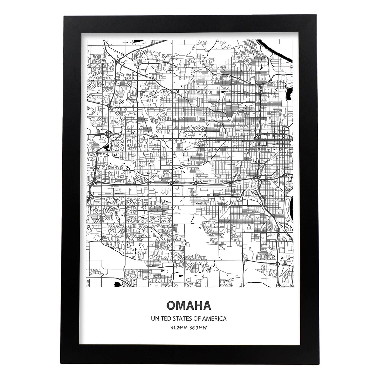 Poster con mapa de Omaha - USA. Láminas de ciudades de Estados Unidos con mares y ríos en color negro.-Artwork-Nacnic-A3-Marco Negro-Nacnic Estudio SL