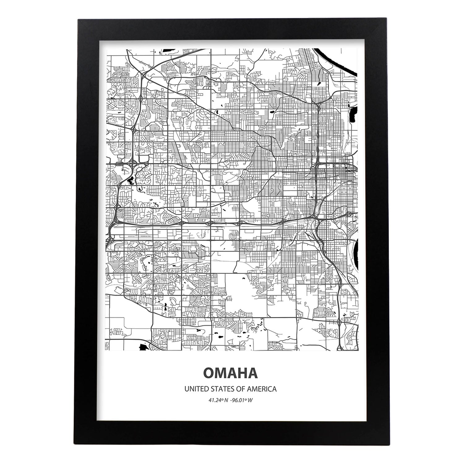 Poster con mapa de Omaha - USA. Láminas de ciudades de Estados Unidos con mares y ríos en color negro.-Artwork-Nacnic-A4-Marco Negro-Nacnic Estudio SL