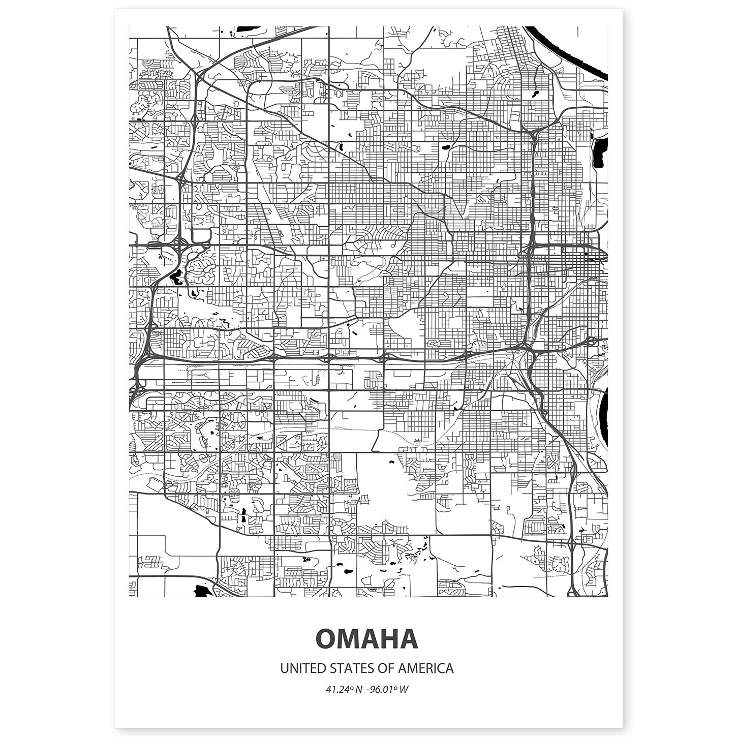 Poster con mapa de Omaha - USA. Láminas de ciudades de Estados Unidos con mares y ríos en color negro.-Artwork-Nacnic-A4-Sin marco-Nacnic Estudio SL