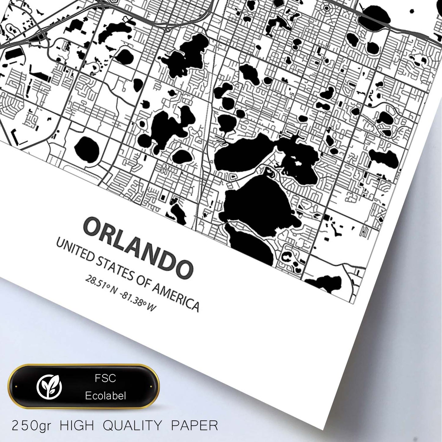 Poster con mapa de Orlando - USA. Láminas de ciudades de Estados Unidos con mares y ríos en color negro.-Artwork-Nacnic-Nacnic Estudio SL