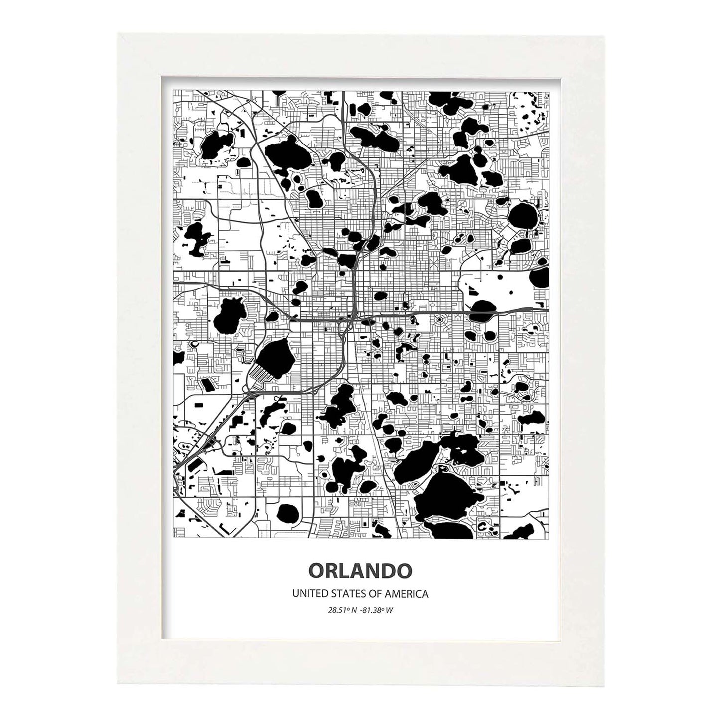 Poster con mapa de Orlando - USA. Láminas de ciudades de Estados Unidos con mares y ríos en color negro.-Artwork-Nacnic-A3-Marco Blanco-Nacnic Estudio SL