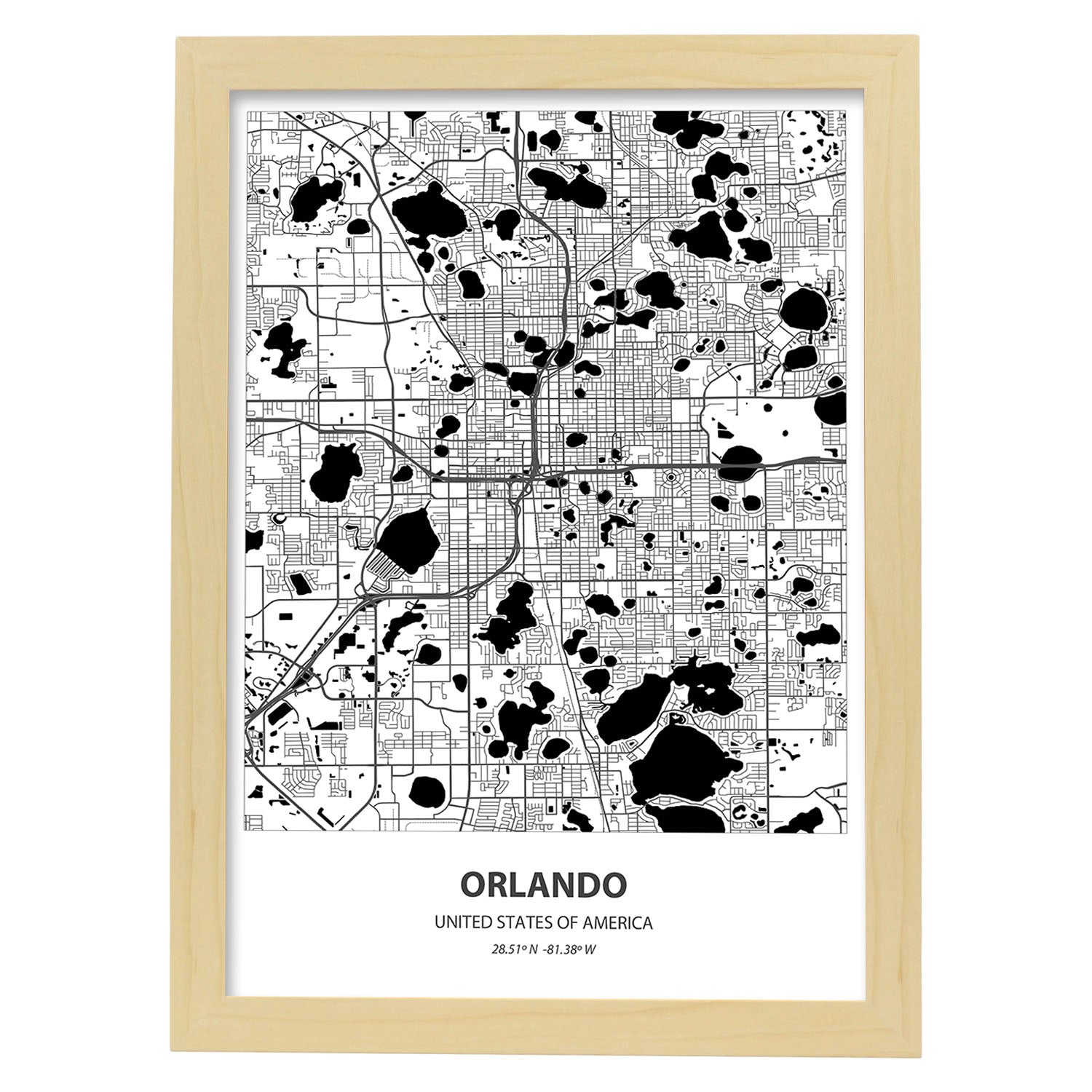 Poster con mapa de Orlando - USA. Láminas de ciudades de Estados Unidos con mares y ríos en color negro.-Artwork-Nacnic-A3-Marco Madera clara-Nacnic Estudio SL