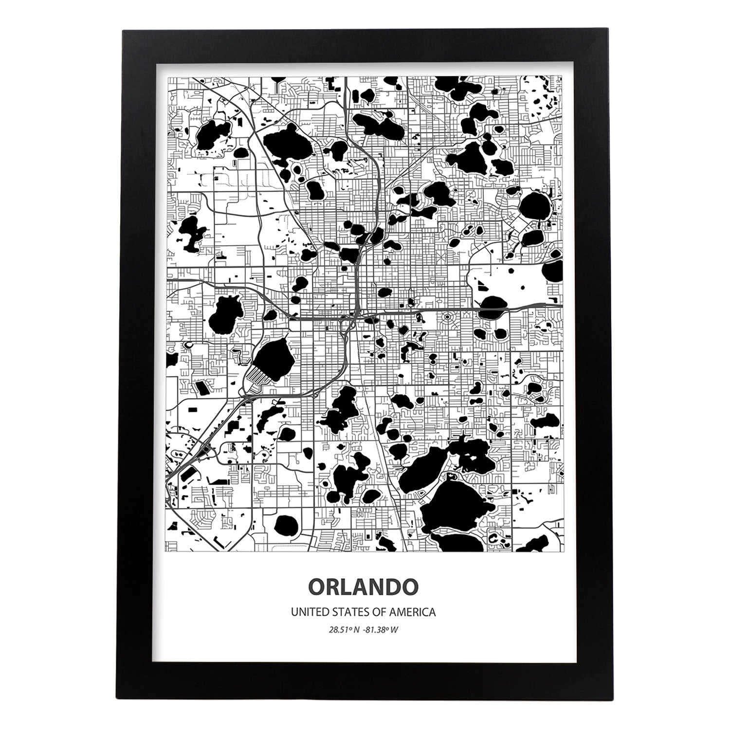 Poster con mapa de Orlando - USA. Láminas de ciudades de Estados Unidos con mares y ríos en color negro.-Artwork-Nacnic-A3-Marco Negro-Nacnic Estudio SL