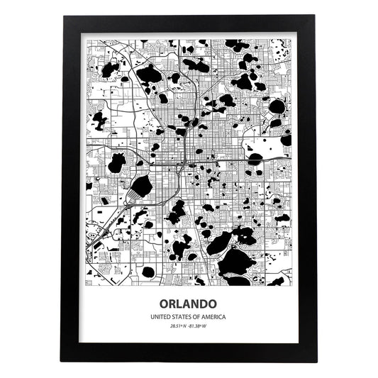 Poster con mapa de Orlando - USA. Láminas de ciudades de Estados Unidos con mares y ríos en color negro.-Artwork-Nacnic-A4-Marco Negro-Nacnic Estudio SL
