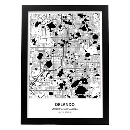 Poster con mapa de Orlando - USA. Láminas de ciudades de Estados Unidos con mares y ríos en color negro.-Artwork-Nacnic-A4-Marco Negro-Nacnic Estudio SL