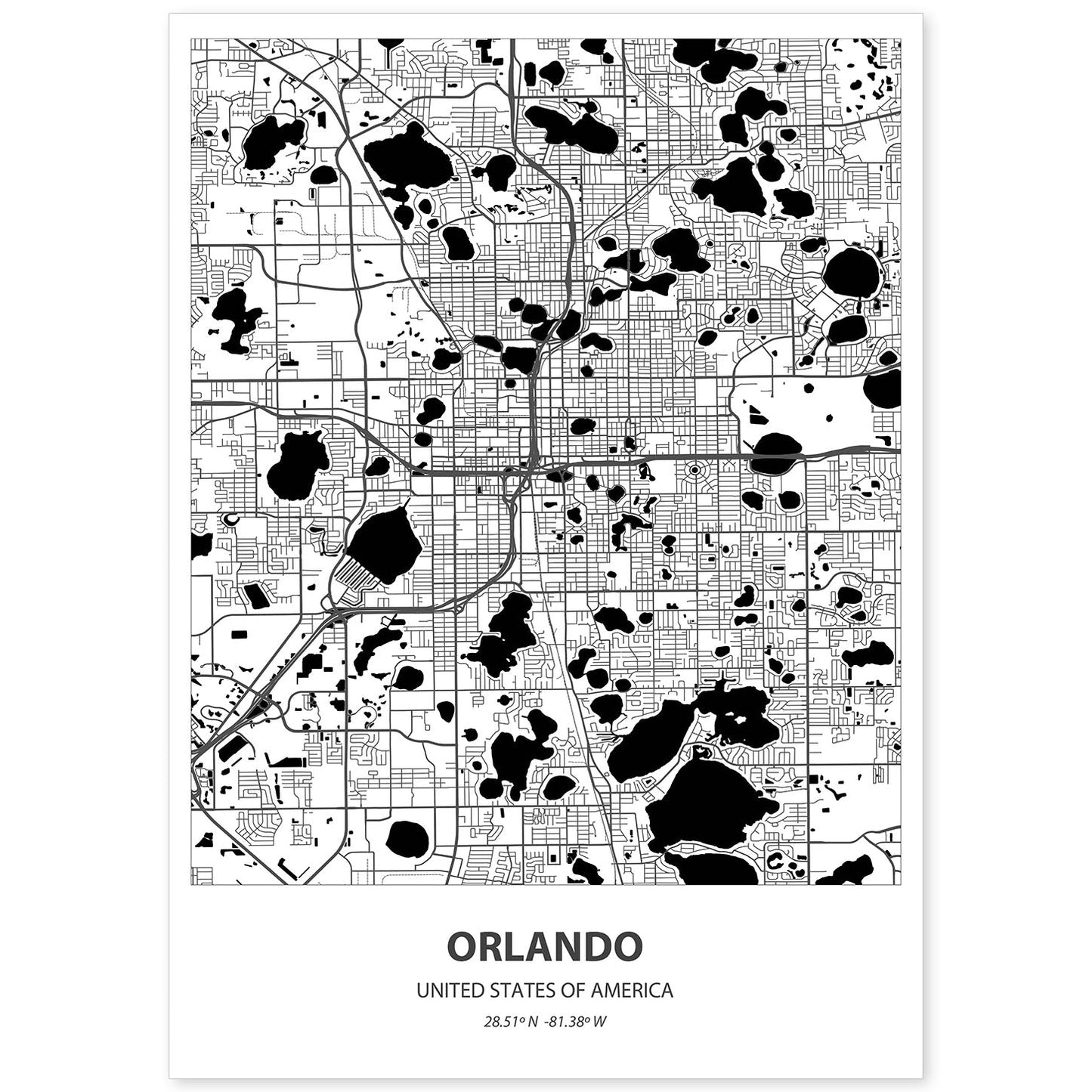 Poster con mapa de Orlando - USA. Láminas de ciudades de Estados Unidos con mares y ríos en color negro.-Artwork-Nacnic-A4-Sin marco-Nacnic Estudio SL