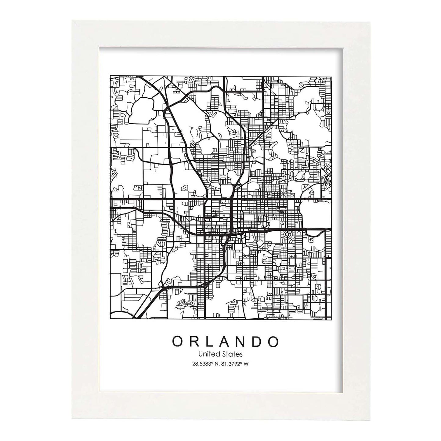 Poster con mapa de Orlando. Lámina de Estados Unidos, con imágenes de mapas y carreteras-Artwork-Nacnic-A3-Marco Blanco-Nacnic Estudio SL