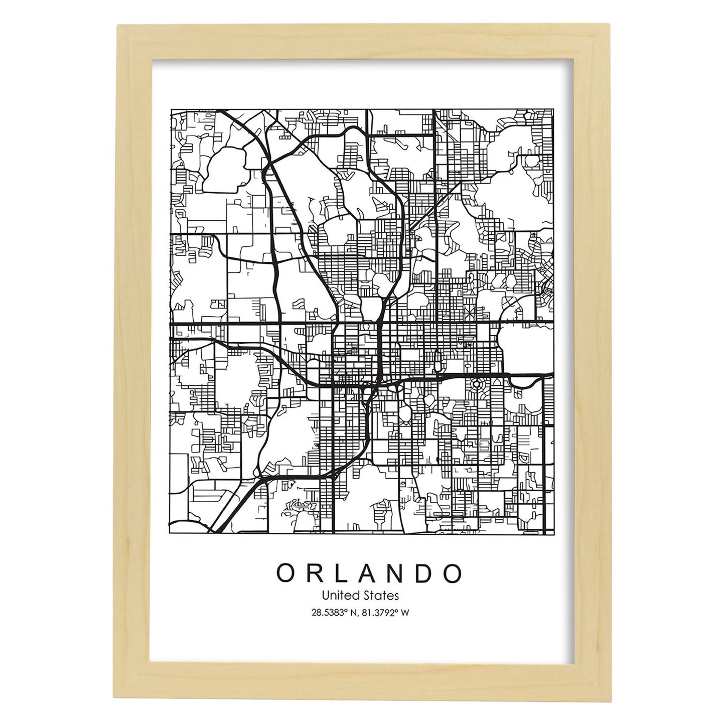 Poster con mapa de Orlando. Lámina de Estados Unidos, con imágenes de mapas y carreteras-Artwork-Nacnic-A3-Marco Madera clara-Nacnic Estudio SL