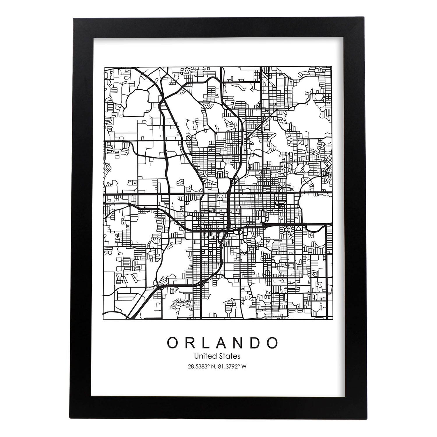 Poster con mapa de Orlando. Lámina de Estados Unidos, con imágenes de mapas y carreteras-Artwork-Nacnic-A3-Marco Negro-Nacnic Estudio SL