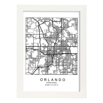 Poster con mapa de Orlando. Lámina de Estados Unidos, con imágenes de mapas y carreteras-Artwork-Nacnic-A4-Marco Blanco-Nacnic Estudio SL