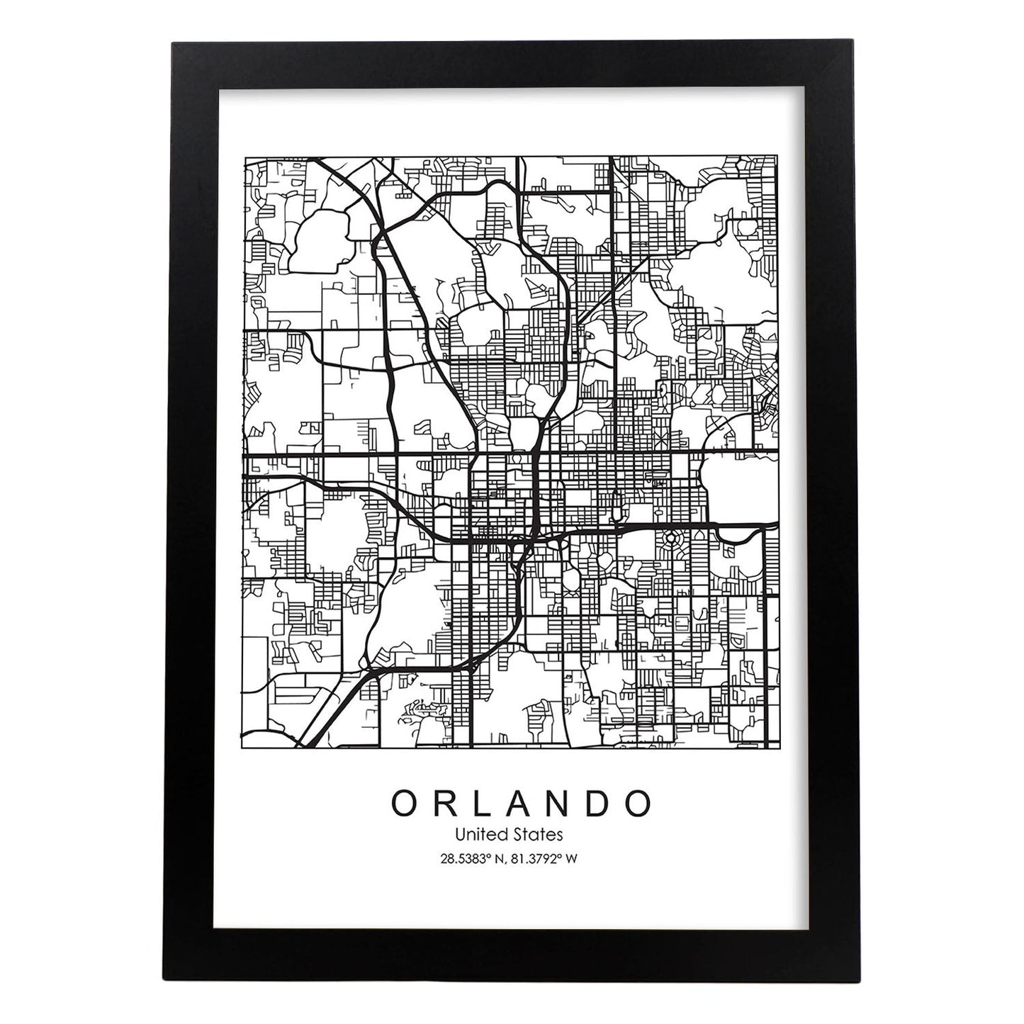 Poster con mapa de Orlando. Lámina de Estados Unidos, con imágenes de mapas y carreteras-Artwork-Nacnic-A4-Marco Negro-Nacnic Estudio SL
