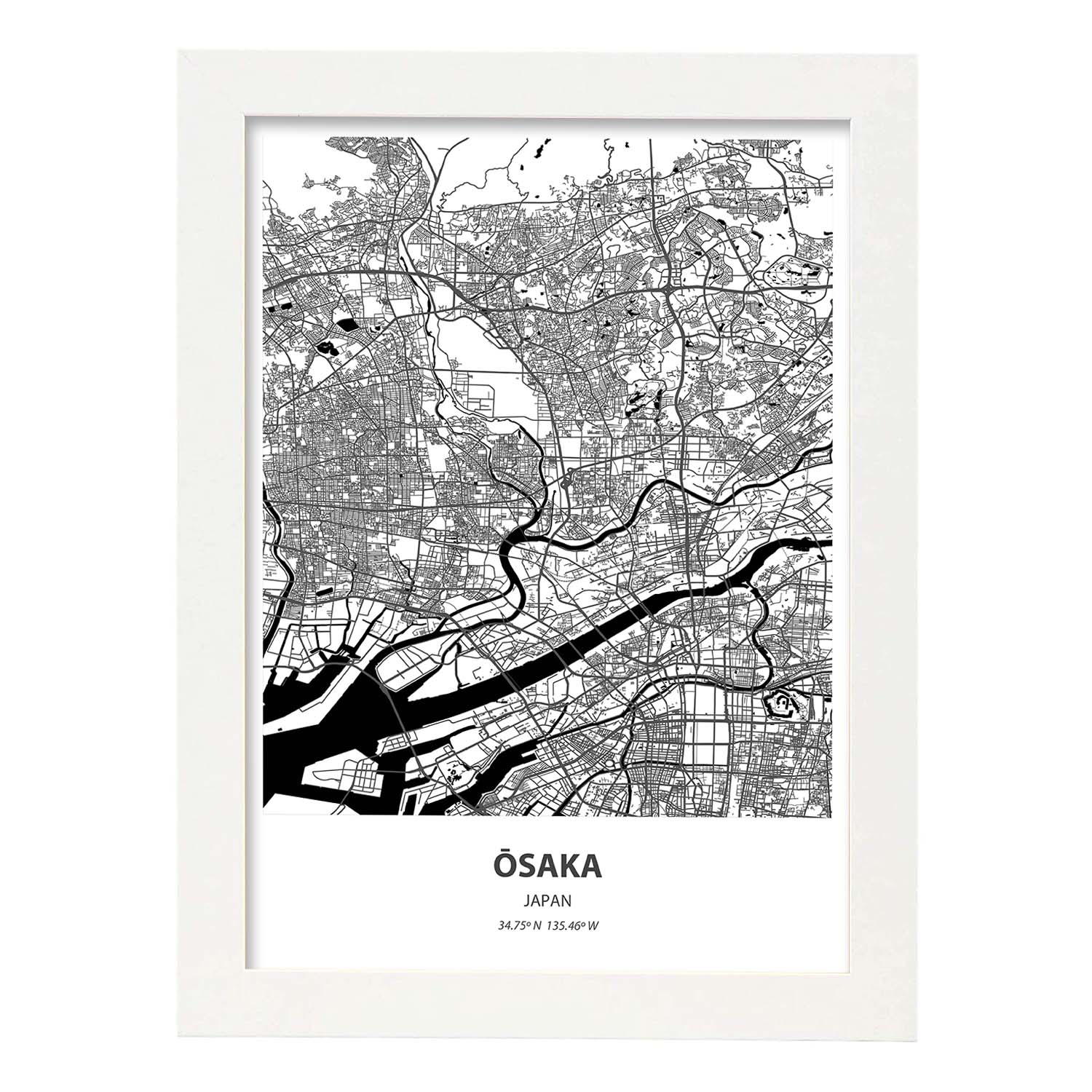 Poster con mapa de Osaka - Japon. Láminas de ciudades de Asia con mares y ríos en color negro.-Artwork-Nacnic-A3-Marco Blanco-Nacnic Estudio SL