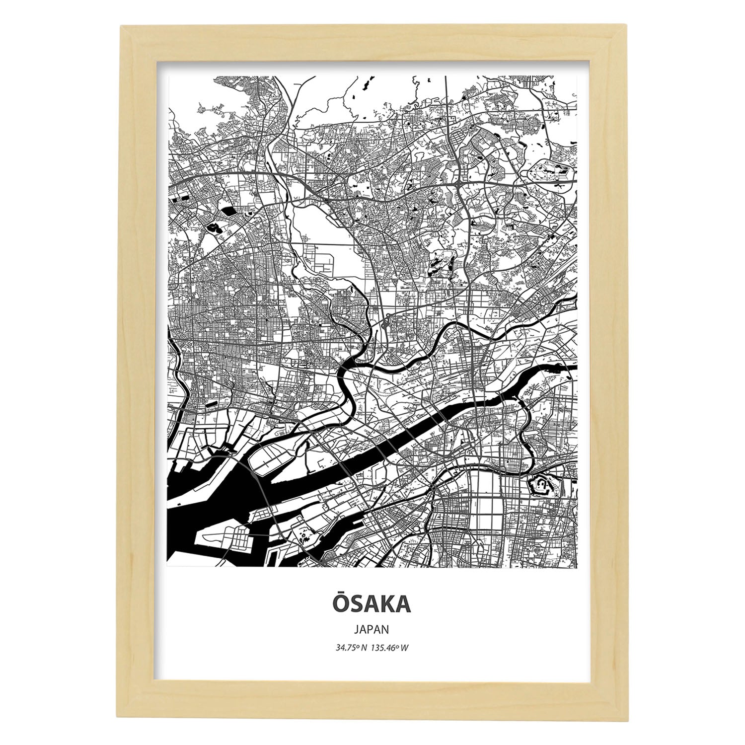 Poster con mapa de Osaka - Japon. Láminas de ciudades de Asia con mares y ríos en color negro.-Artwork-Nacnic-A3-Marco Madera clara-Nacnic Estudio SL