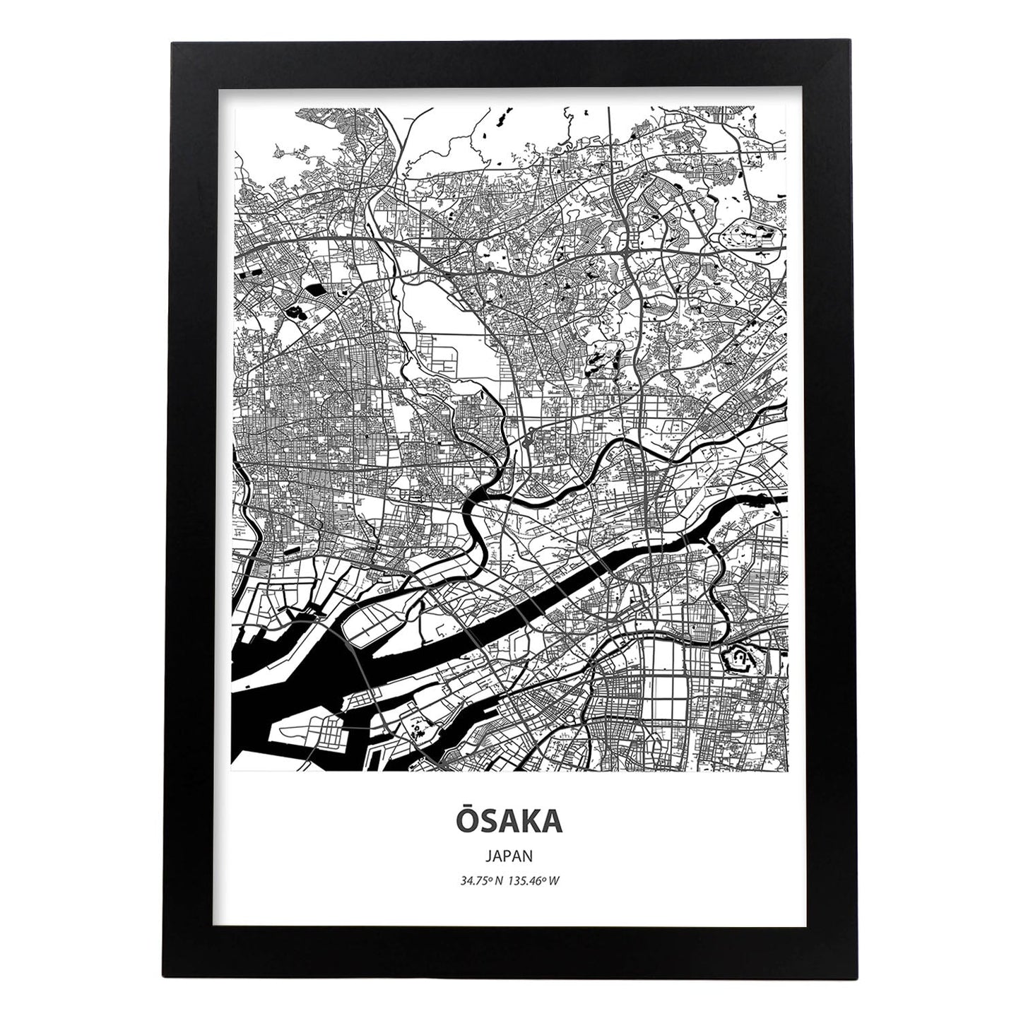 Poster con mapa de Osaka - Japon. Láminas de ciudades de Asia con mares y ríos en color negro.-Artwork-Nacnic-A3-Marco Negro-Nacnic Estudio SL