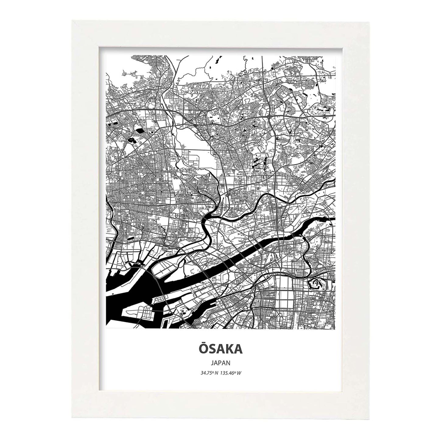Poster con mapa de Osaka - Japon. Láminas de ciudades de Asia con mares y ríos en color negro.-Artwork-Nacnic-A4-Marco Blanco-Nacnic Estudio SL