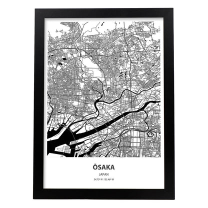 Poster con mapa de Osaka - Japon. Láminas de ciudades de Asia con mares y ríos en color negro.-Artwork-Nacnic-A4-Marco Negro-Nacnic Estudio SL