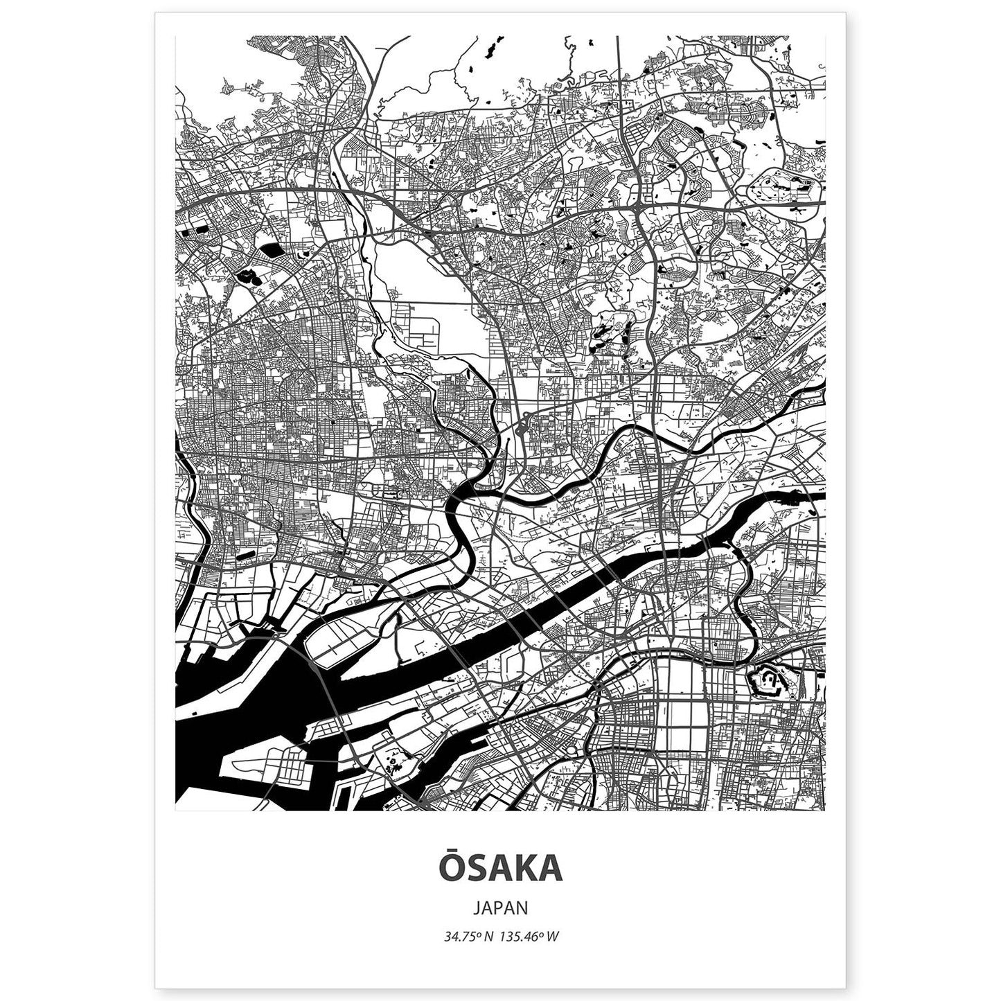 Poster con mapa de Osaka - Japon. Láminas de ciudades de Asia con mares y ríos en color negro.-Artwork-Nacnic-A4-Sin marco-Nacnic Estudio SL