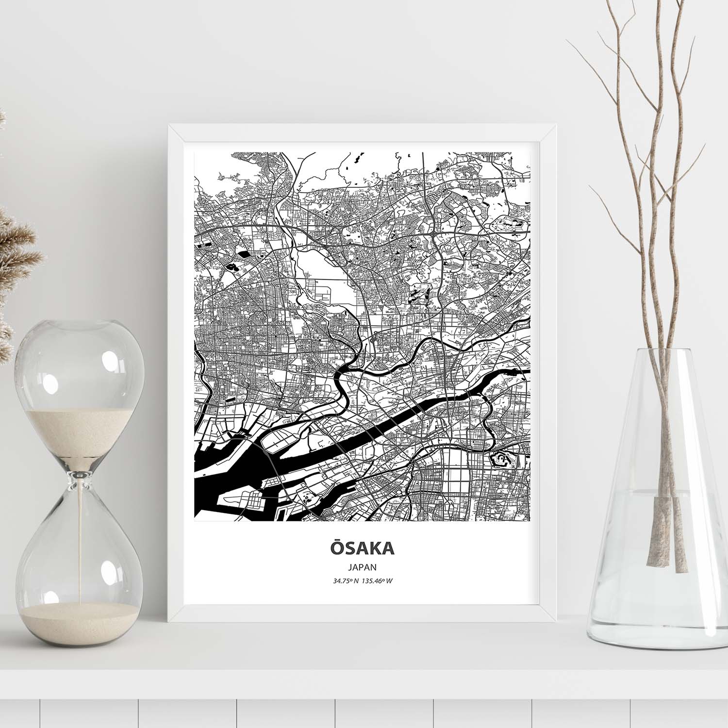 Poster con mapa de Osaka - Japon. Láminas de ciudades de Asia con mares y ríos en color negro.-Artwork-Nacnic-Nacnic Estudio SL