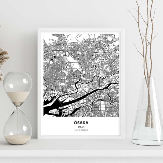 Poster con mapa de Osaka - Japon. Láminas de ciudades de Asia con mares y ríos en color negro.-Artwork-Nacnic-Nacnic Estudio SL