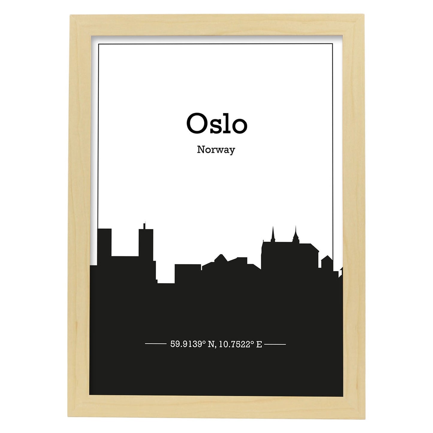 Poster con mapa de Oslo - Noruega. Láminas con Skyline de ciudades del norte de Europa con sombra negra.-Artwork-Nacnic-A3-Marco Madera clara-Nacnic Estudio SL