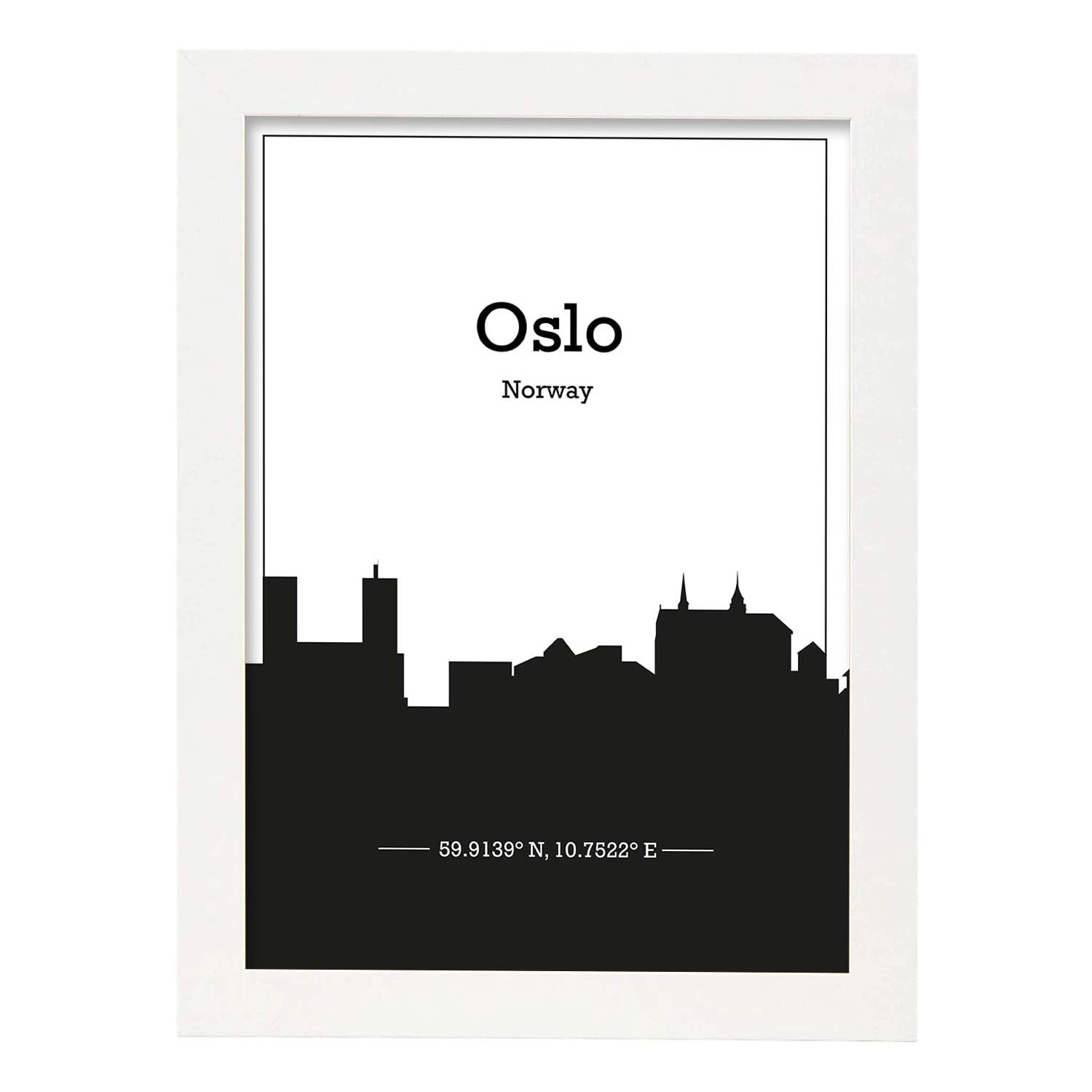 Poster con mapa de Oslo - Noruega. Láminas con Skyline de ciudades del norte de Europa con sombra negra.-Artwork-Nacnic-A4-Marco Blanco-Nacnic Estudio SL