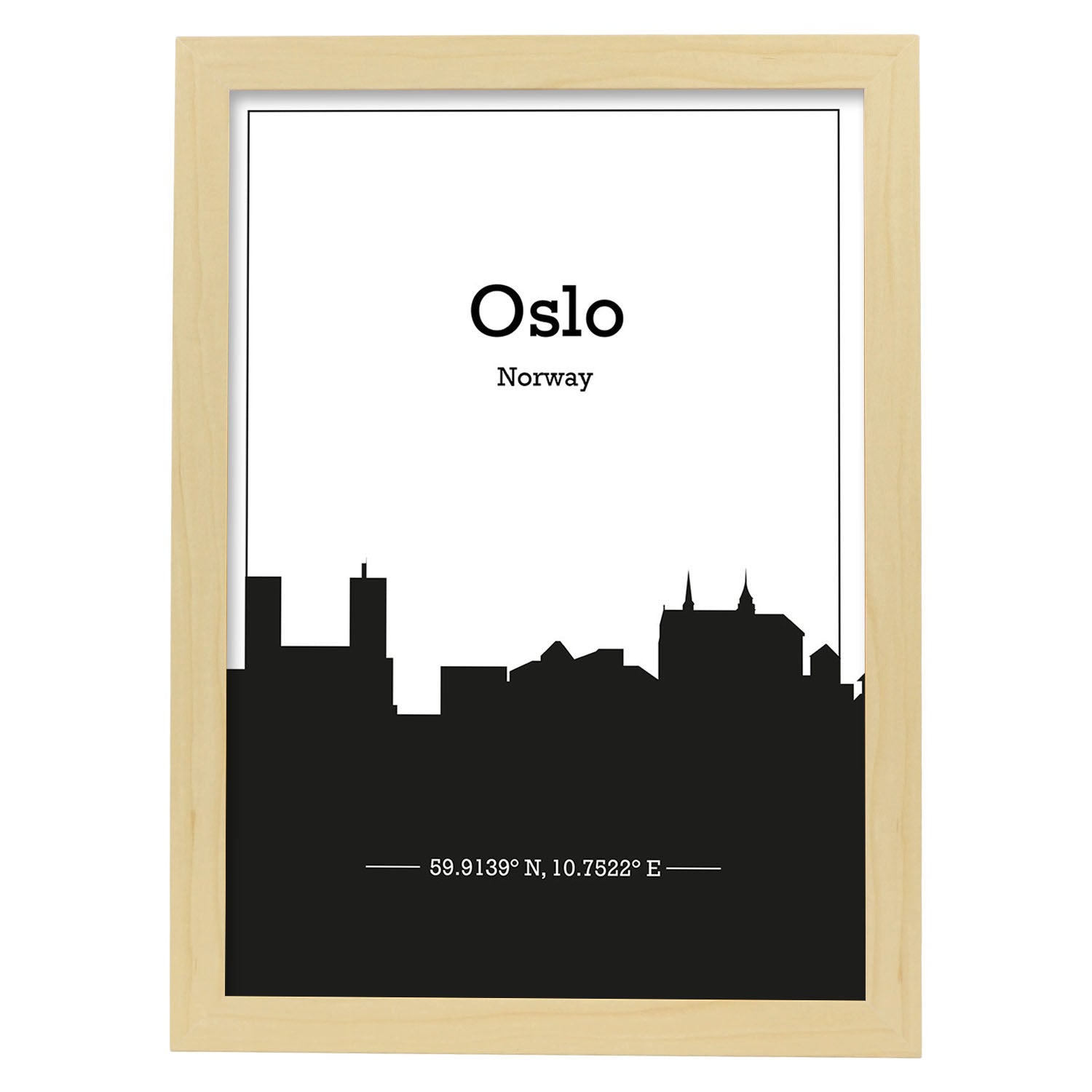 Poster con mapa de Oslo - Noruega. Láminas con Skyline de ciudades del norte de Europa con sombra negra.-Artwork-Nacnic-A4-Marco Madera clara-Nacnic Estudio SL