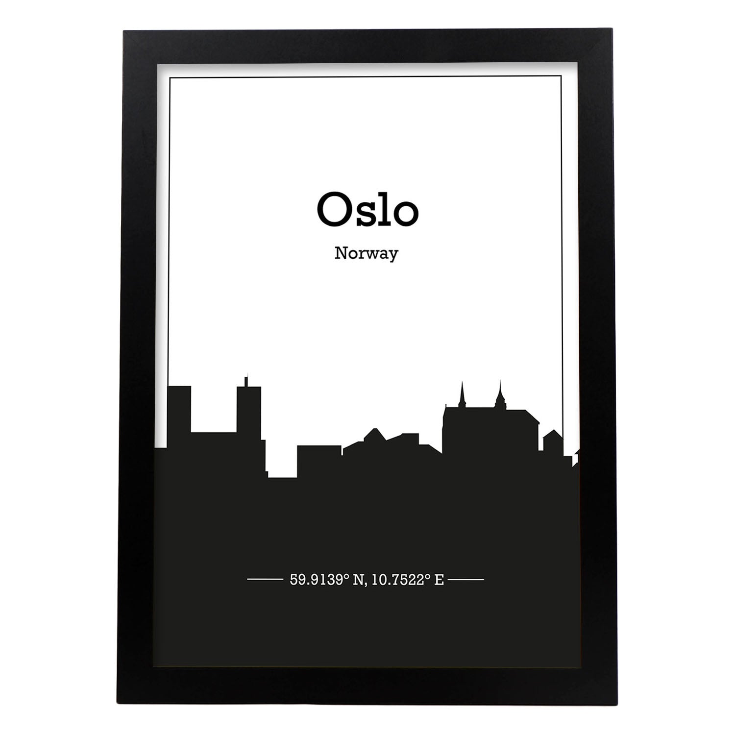 Poster con mapa de Oslo - Noruega. Láminas con Skyline de ciudades del norte de Europa con sombra negra.-Artwork-Nacnic-A4-Marco Negro-Nacnic Estudio SL