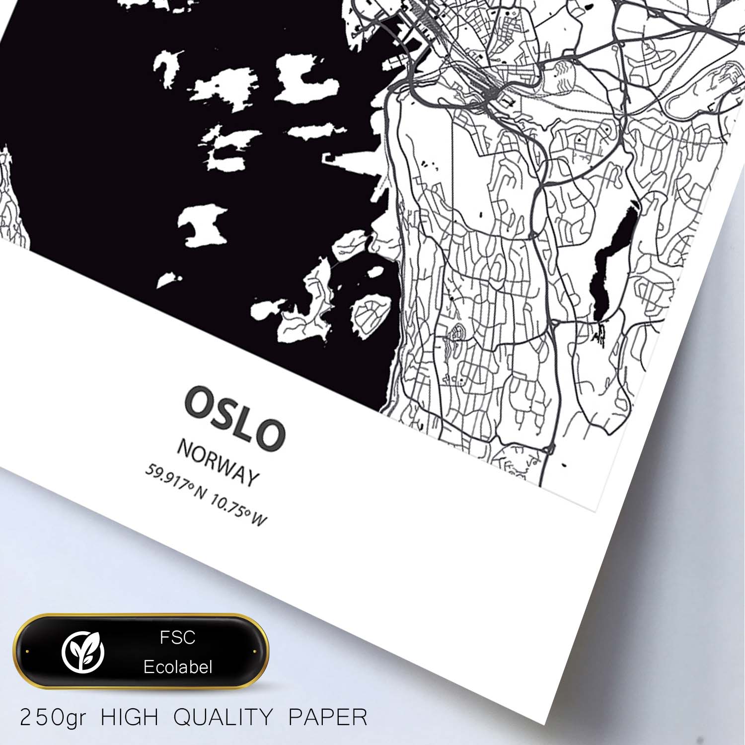 Poster con mapa de Oslo - Noruega. Láminas de ciudades del norte de Europa con mares y ríos en color negro.-Artwork-Nacnic-Nacnic Estudio SL